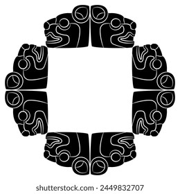 Geometrical animal frame with stylized puma heads. Ethnic motif of Maya Indians. Native American art. Black and white silhouette.