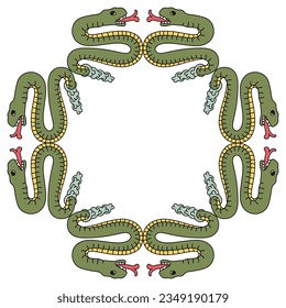 Geometrical animal frame with stylized rattle snakes from Aztec codex. Native American art of ancient Mexico. Isolated vector illustration.