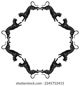 
Geometrical animal frame with stylized spotted wild cats or leopards. Black and white silhouette.