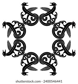 Geometrical animal frame with winged dragons. Medieval Celtic style. Black and white silhouette.