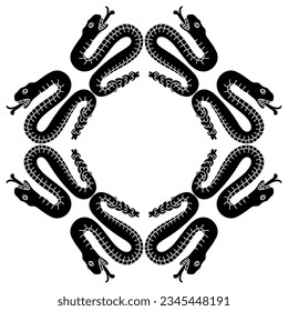 Geometrical animal frame with wriggling rattle snakes from Aztec codex. Native American art of ancient Mexico. Black and white silhouette.