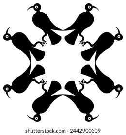 Geometrical animal ornament or frame with stylized birds. Folk style. Black and white silhouette.