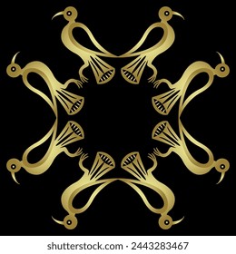 Geometrical animal ornament or frame with stylized birds. Folk style. Golden glossy silhouette on black background.