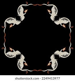 Geometrical animal pattern or frame with flying cranes or phoenixes. Ethnic Chinese design. White birds on black background.