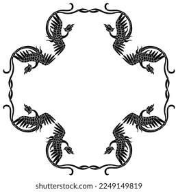 Geometrical animal pattern or frame with stylized birds. Ethnic Chinese design with flying cranes or phoenixes. Black and white silhouette.