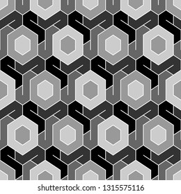 Geometrical backdrop. Hexagons, figures ornament. Shapes background. Geometric wallpaper. Polygonal motif. Digital paper, textile print, abstract. Seamless pattern. Vector.
