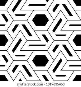 Geometrical backdrop. Hexagons, figures ornament. Shapes wallpaper. Geometric background. Polygonal motif. Digital paper, textile print, abstract. Seamless pattern. Vector.