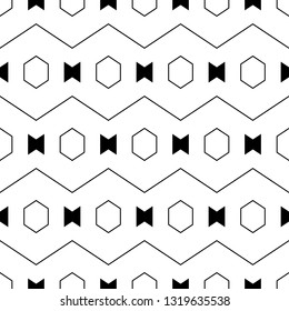 Geometrical backdrop. Hexagons, figures, zigzag lines ornament.Shapes background. Geometric wallpaper. Polygonal, linear motif. Digital paper, textile print, abstract. Seamless pattern.