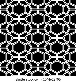 Geometrical backdrop. Hexagons, pentagons background. Polygons ornament. Geometric wallpaper. Mosaics motif. Digital paper, textile print, web design, abstract. Seamless pattern. Vector.