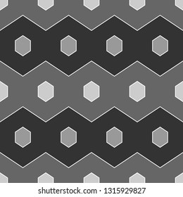 Geometrical backdrop. Hexagons, zigzag lines ornament. Shapes background. Geometric wallpaper. Polygonal, linear motif. Digital paper, textile print, abstract. Seamless pattern. Vector.