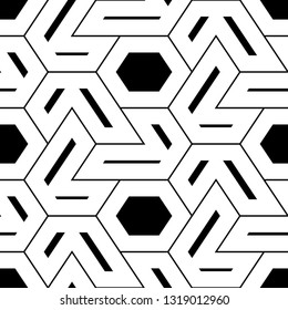 Geometrical backdrop. Shapes wallpaper. Hexagons, figures ornament. Geometric background. Polygonal motif. Digital paper, textile print, abstract. Seamless pattern. Vector.
