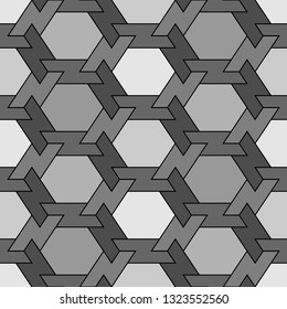 Geometrical backdrop. Shapes wallpaper. Hexagons, figures ornament. Geometric background. Polygonal motif. Digital paper, textile print, abstract. Seamless pattern. Vector.