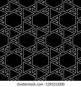 Geometrical backdrop. Triangles, rhombuses, hexagons pattern. Triangular, quadrangular, hexagonal shapes wallpaper. Geometric background. Polygons motif. Digital paper, abstract. Seamless ornament.