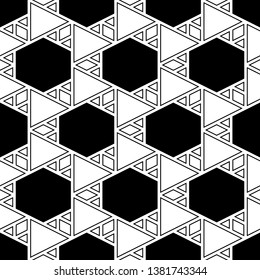 Geometrical backdrop. Triangles, rhombuses, hexagons pattern.Geometric background. Triangular, quadrangular, hexagonal shapes wallpaper. Polygons motif. Seamless ornament.Digital paper, abstract