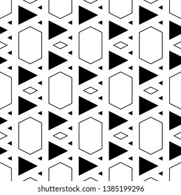 Geometrical backdrop. Triangles, rhombuses, hexagons ornament. Triangular, quadrangular, hexagonal shapes wallpaper. Geometric background. Polygons motif. Digital paper, abstract. Seamless pattern
