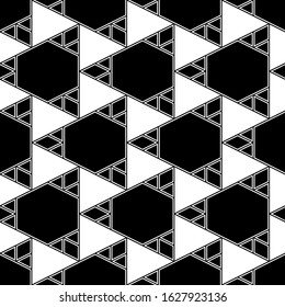 Geometrical backdrop. Triangles, rhombuses, hexagons pattern. Triangular, quadrangular, hexagonal shapes wallpaper. Geometric background. Polygons motif. Digital paper, abstract. Seamless ornament.