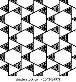 Geometrical backdrop. Triangles, rhombuses, hexagons pattern. Triangular, quadrangular, hexagonal shapes wallpaper. Geometric background. Polygons motif. Digital paper, abstract. Seamless ornament.