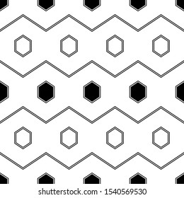 Geometrical backdrop.Hexagons, zigzag lines ornament. Seamless pattern. Geometric wallpaper. Polygonal, linear motif. Digital paper, textile print, abstract. Shapes background. Vector