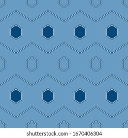 Geometrical backdrop.Hexagons, zigzag lines ornament. Seamless pattern. Shapes background. Geometric wallpaper. Polygonal, linear motif. Digital paper, textile print, abstract. Vector