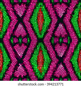 Geometrical background with bright mosaic drawing.  Seamless patterns.  Vector illustration.