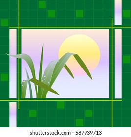 Geometrical background with the image of the grass at sunrise. Vector illustration