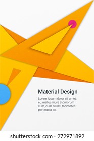 Geometrical background in material design style with pieces of paper on different elevation. Brochure.Orange triangles and circles