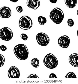 Geometrical background with scribble uneven circles. Abstract round seamless pattern. Messy hand drawn dots pattern on white background. Vector illustration.  