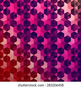 Geometrical background of triangles and hexagons. Vector Abstract Background of snowflakes in romantic colors.  Hexagonal background. Honeycombs. Abstract colorful background. Vector Regular Texture 
