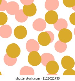 Geometrical background with uneven circles. Abstract round seamless pattern. Hand drawn colorful dots pattern on white background. Vector illustration.