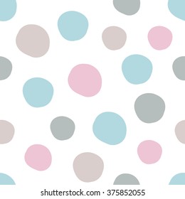 Geometrical background with uneven circles. Abstract round seamless pattern. Hand drawn colorful dots pattern on white background. Vector illustration.
