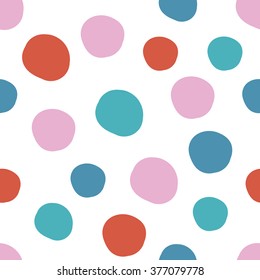 Geometrical background with uneven circles. Abstract round seamless pattern. Hand drawn colorful dots pattern on white background. Vector illustration.