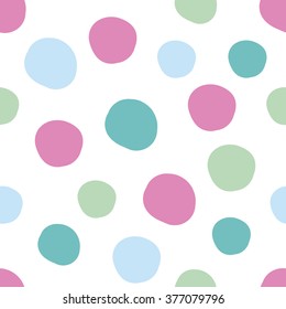 Geometrical background with uneven circles. Abstract round seamless pattern. Hand drawn colorful dots pattern on white background. Vector illustration.