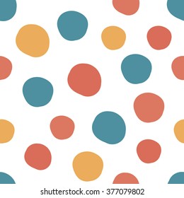 Geometrical background with uneven circles. Abstract round seamless pattern. Hand drawn colorful dots pattern on white background. Vector illustration.