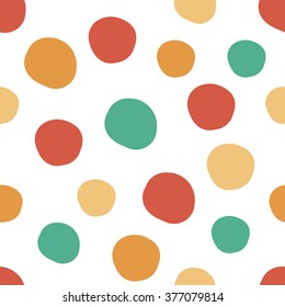 Geometrical background with uneven circles. Abstract round seamless pattern. Hand drawn colorful dots pattern on white background. Vector illustration.
