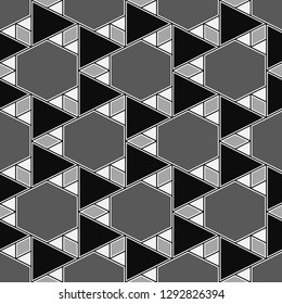 Geometrical background.Seamless ornament. Polygons motif.Triangular, quadrangular, hexagonal shapes wallpaper. Hexagons, triangles, rhombuses pattern.Geometric backdrop. Digital paper, abstract