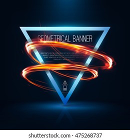 Geometrical Banner With Neon Lights . 3d Triangle Vector Banner With Fire Blurry Circles At Motion . Swirl Trail Effect , Exposure Time . Lightpainting On Banner . 