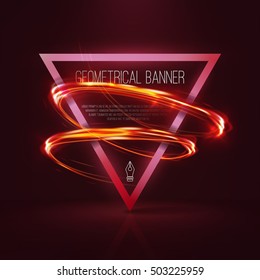 Geometrical banner with neon lights . 3d triangle vector banner with fire blurry circles at motion . swirl trail effect , Exposure time . Lightpainting on banner . 