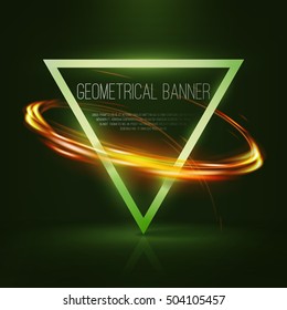Geometrical banner with neon lights . 3d triangle vector banner with fire blurry circles at motion . swirl trail effect , Exposure time . Lightpainting on banner . 