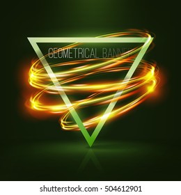 Geometrical banner with neon lights . 3d triangle vector banner with fire blurry circles at motion . swirl trail effect , Exposure time . Lightpainting on banner . 
