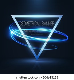 Geometrical banner with neon lights . 3d triangle vector banner with fire blurry circles at motion . swirl trail effect , Exposure time . Lightpainting on banner . 