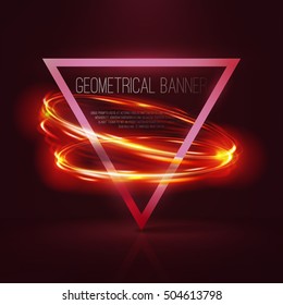 Geometrical banner with neon lights . 3d triangle vector banner with fire blurry circles at motion . swirl trail effect , Exposure time . Lightpainting on banner . 