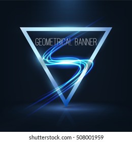 Geometrical banner with neon lights . 3d triangle vector banner with fire blurry circles at motion . swirl trail effect , Exposure time . Lightpainting on banner . 