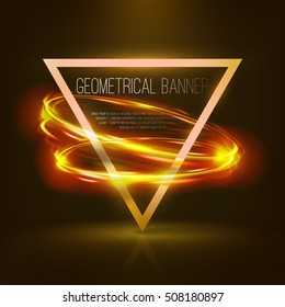 Geometrical banner with neon lights . 3d triangle vector banner with fire blurry circles at motion . swirl trail effect , Exposure time . Lightpainting on banner . 