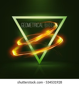 Geometrical banner with neon lights . 3d triangle vector banner with fire blurry circles at motion . swirl trail effect , Exposure time . Lightpainting on banner . 