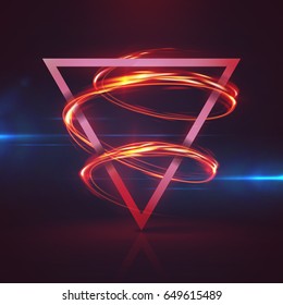 Geometrical banner with neon lights. 3d triangle vector banner with fire blurry circles at motion. swirl trail effect, Exposure time. Light painting on banner, frame