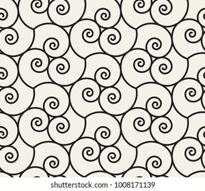 Geometrical beige linear pattern with curls. Vector seamless texture.