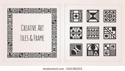 Geometrical black square shape assorted pattern tiles emblems icons set and a border frame design element on pink gradient background