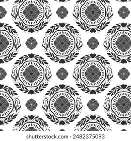 Geometrical black and white pattern with flowers. Print for greeting card, wrapping paper, textile, wallpaper and invitation background.
