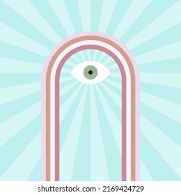 Geometrical Boho Evil Eye Background. Long Rainbow. Minimalist Modern Style. Vector Illustration, Flat Design