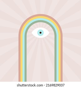 Geometrical Boho Evil Eye Background. Long Rainbow. Minimalist Modern Style. Vector Illustration, Flat Design